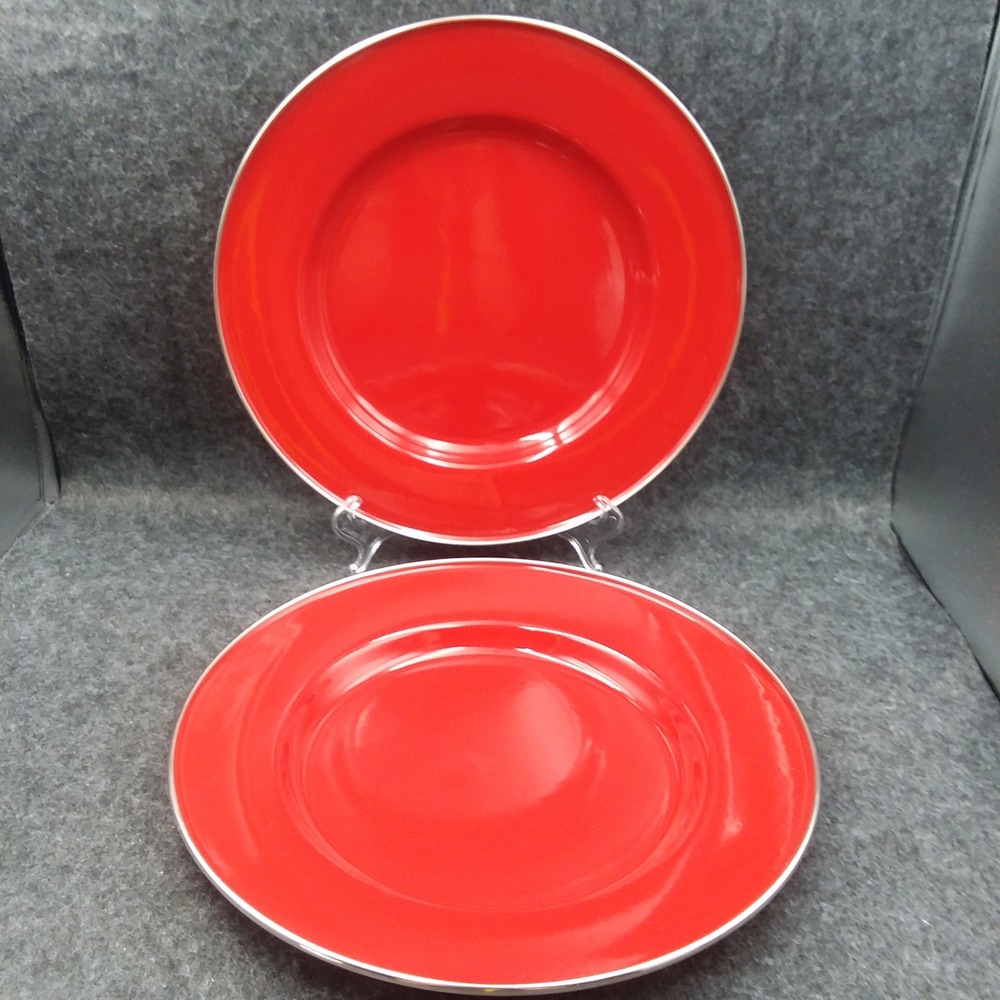 Set of 2 Pottery Barn Red 12" Plates‎ Enamelware Partyware Metal Dinner Plates